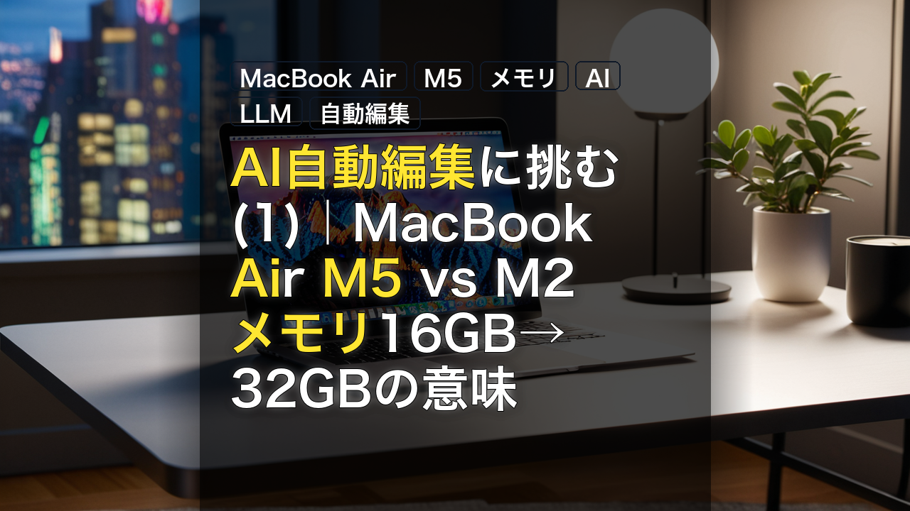 AI自動編集に挑む(1)｜MacBook Air M5 vs M2 メモリ16GB→32GBの意味 — MacBook Air, M5, メモリ