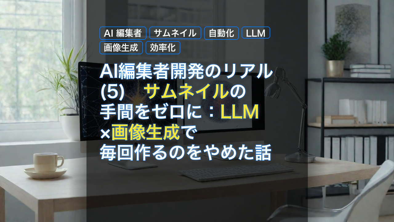 AI編集者開発のリアル(5)　サムネイルの手間をゼロに：LLM×画像生成で毎回作るのをやめた話 — AI 編集者, サムネイル, 自動化