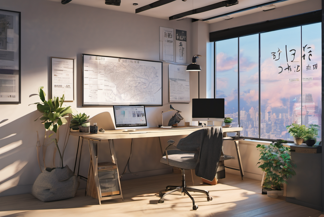 SDXL base 1.0 で生成した、文字が擬似文字の集合になったワークスペース