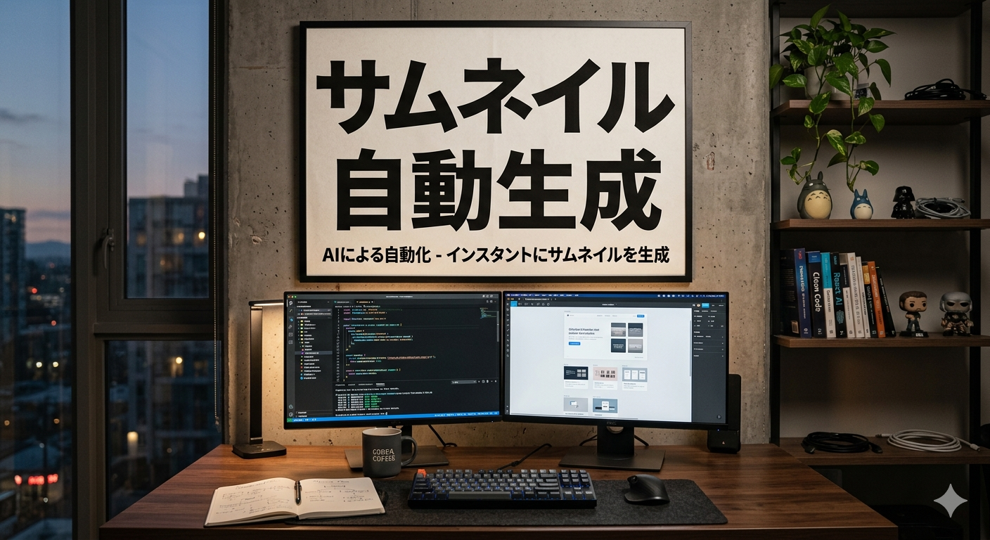 Nano Banana 2 で生成した、壁ポスターに「サムネイル 自動生成」+ 自発サブコピーが配置された写実ワークスペース