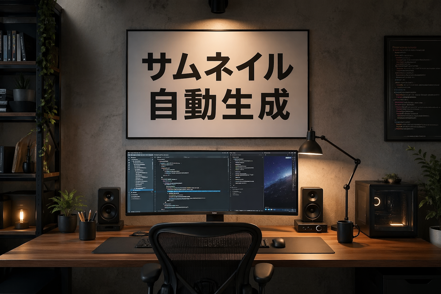 GPT-Image 2 で生成した、「サムネイル 自動生成」のミニマルな写実ワークスペース