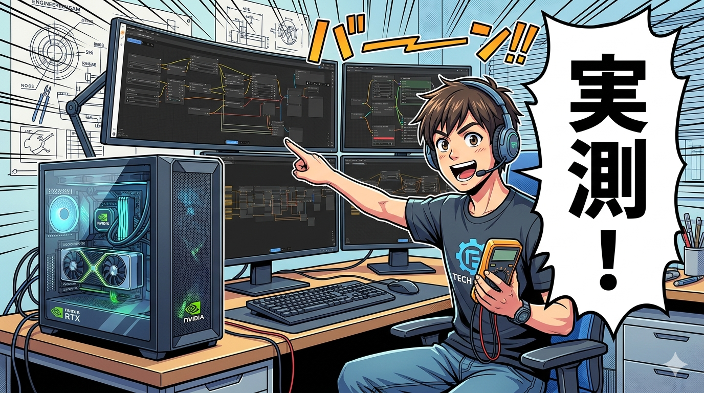 Nano Banana 2 で生成した、「実測！」+ 勝手にオノマトペ「バーン！！」が添えられたマンガパネル