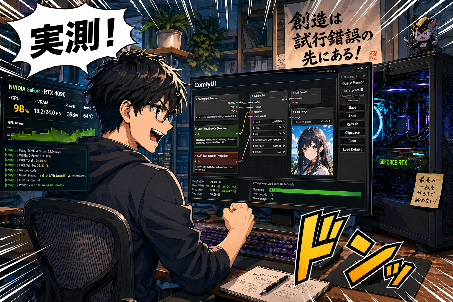 GPT-Image 2 で生成した、「実測！」+「ドンッ」+ 縦書き副題 + ComfyUI 画面 + RTX 4090 Dashboard が作り込まれたマンガパネル