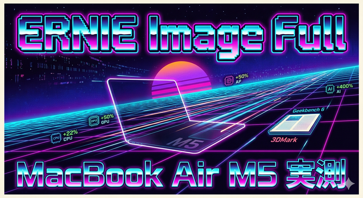 Nano Banana 2 で生成した、横長の 80s ネオンポスター。BENCHMARK や 1400x 等のガジェット風 UI 記号が散布される