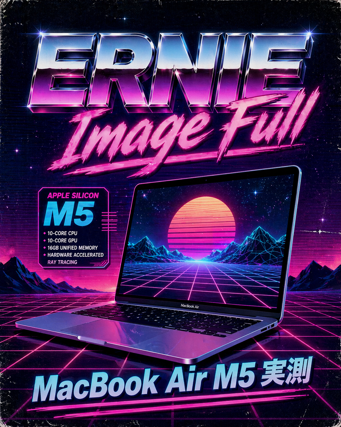 GPT-Image 2 で生成した、縦長 2:3 の 80s ネオンポスター。メタリック 3D 文字「ERNIE Image Full」と M5 Apple Silicon 風スペックシートが描き込まれる