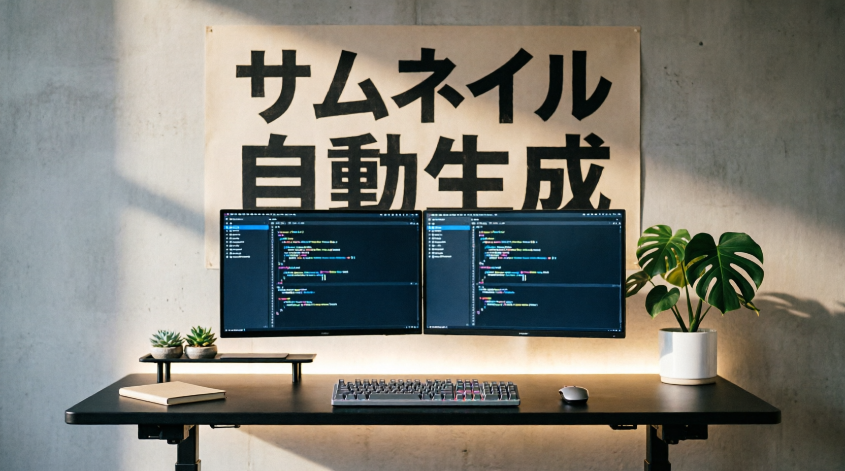 Qwen-Image 2.0 で生成した、壁ポスターに「サムネイル 自動生成」とだけ端正に書かれたワークスペース