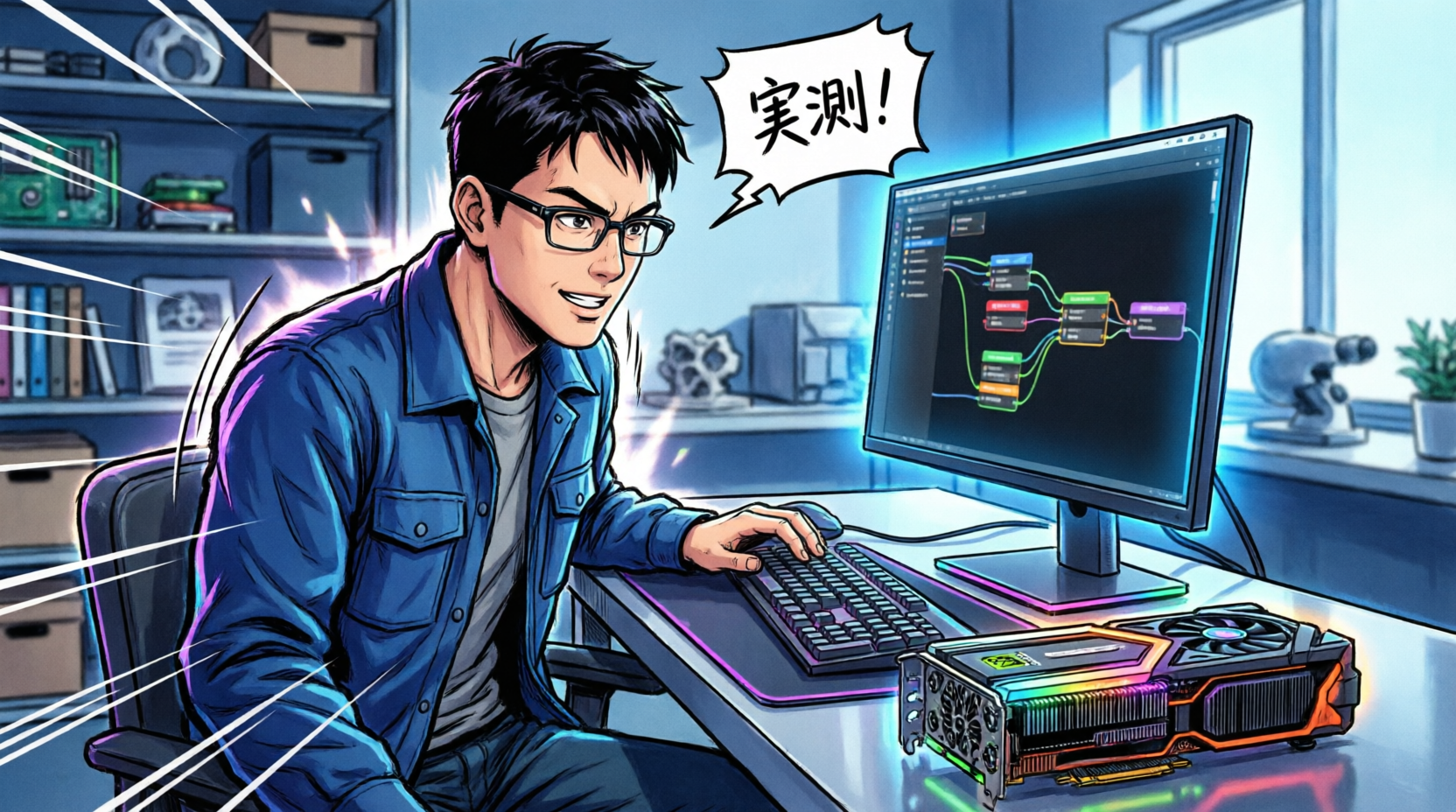 Qwen-Image 2.0 で生成した、「実測！」の吹き出しと ComfyUI 風ノードと青ジャケットの人物が並ぶマンガパネル