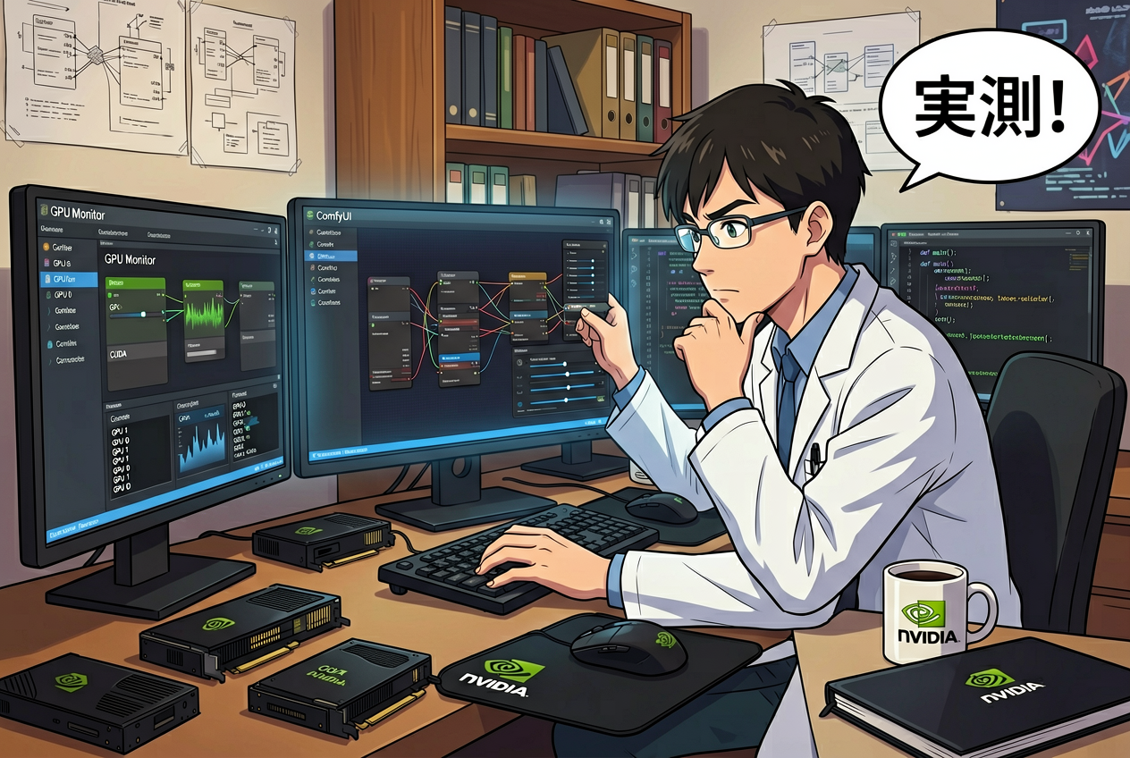 ERNIE-Image-Turbo で生成した、実測！の吹き出しと NVIDIA / RTX ロゴが入るマンガパネル