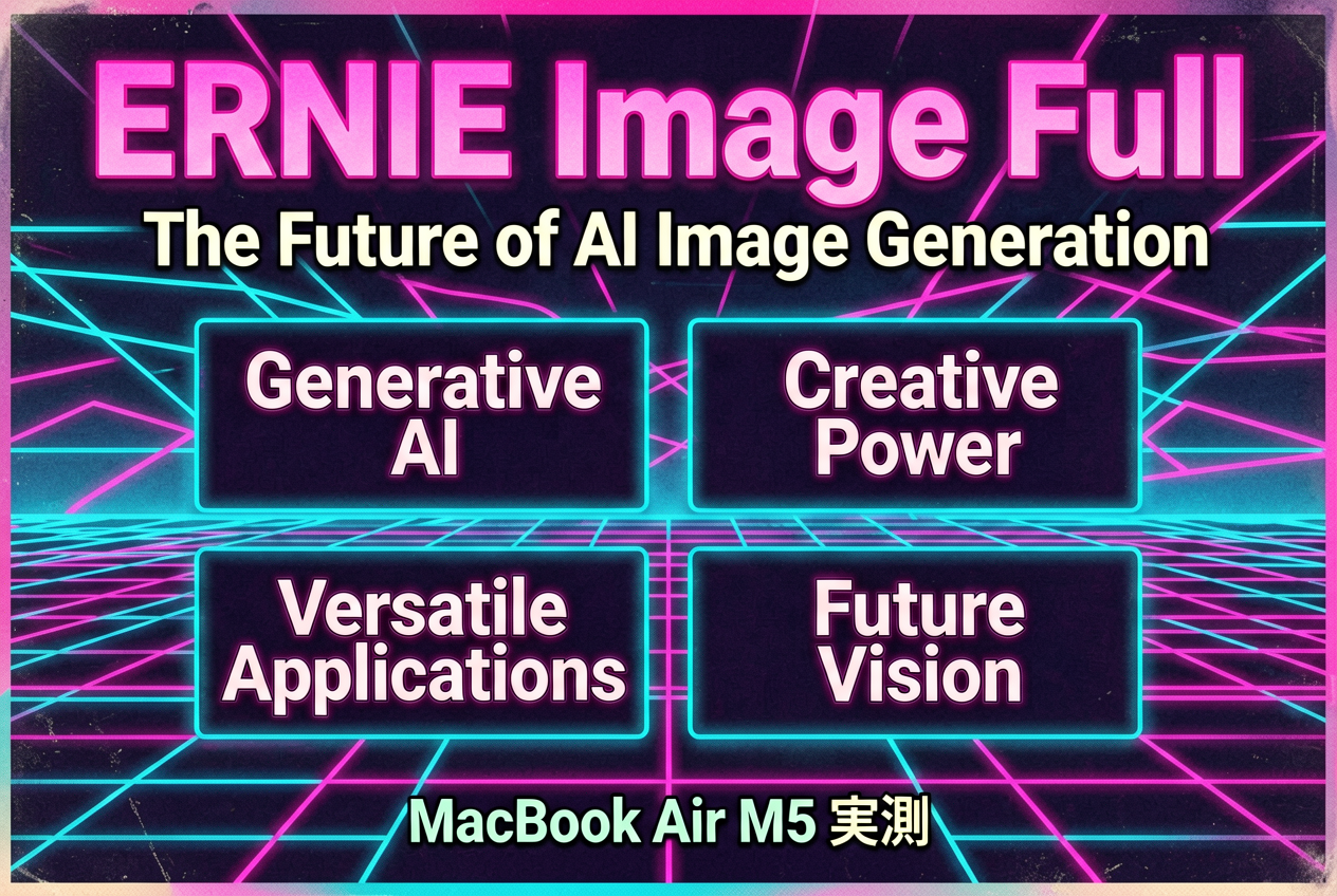 ERNIE-Image-Turbo で生成した、ERNIE Image Full のメタリック主題 + MacBook Air M5 実測 の日本語副題が階層化された 80s ポスター