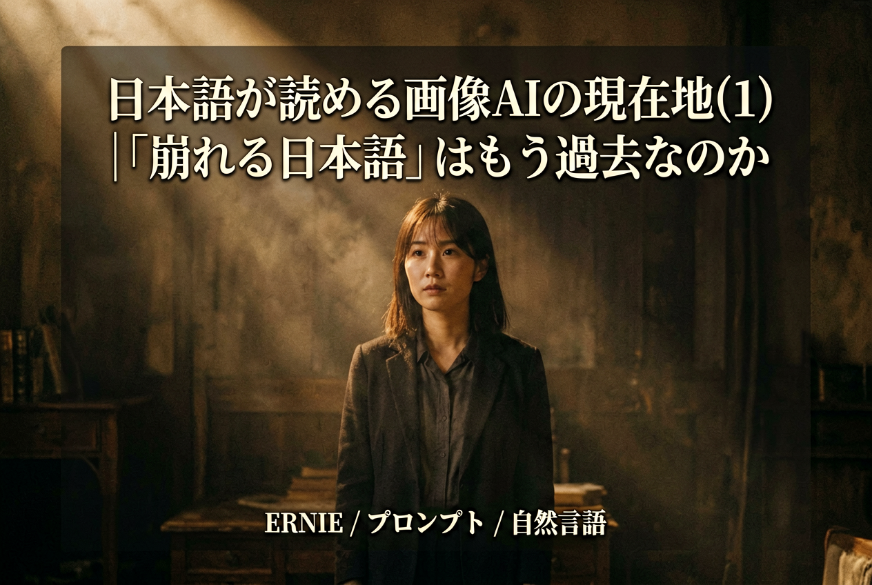 eyecatch_v2 が生成した第 1 回記事用のアイキャッチ。cinematic スタイル、seed=42、タイトル「日本語が読める画像AIの現在地(1)｜「崩れる日本語」はもう過去なのか」と副題「ERNIE / プロンプト / 自然言語」が描画される