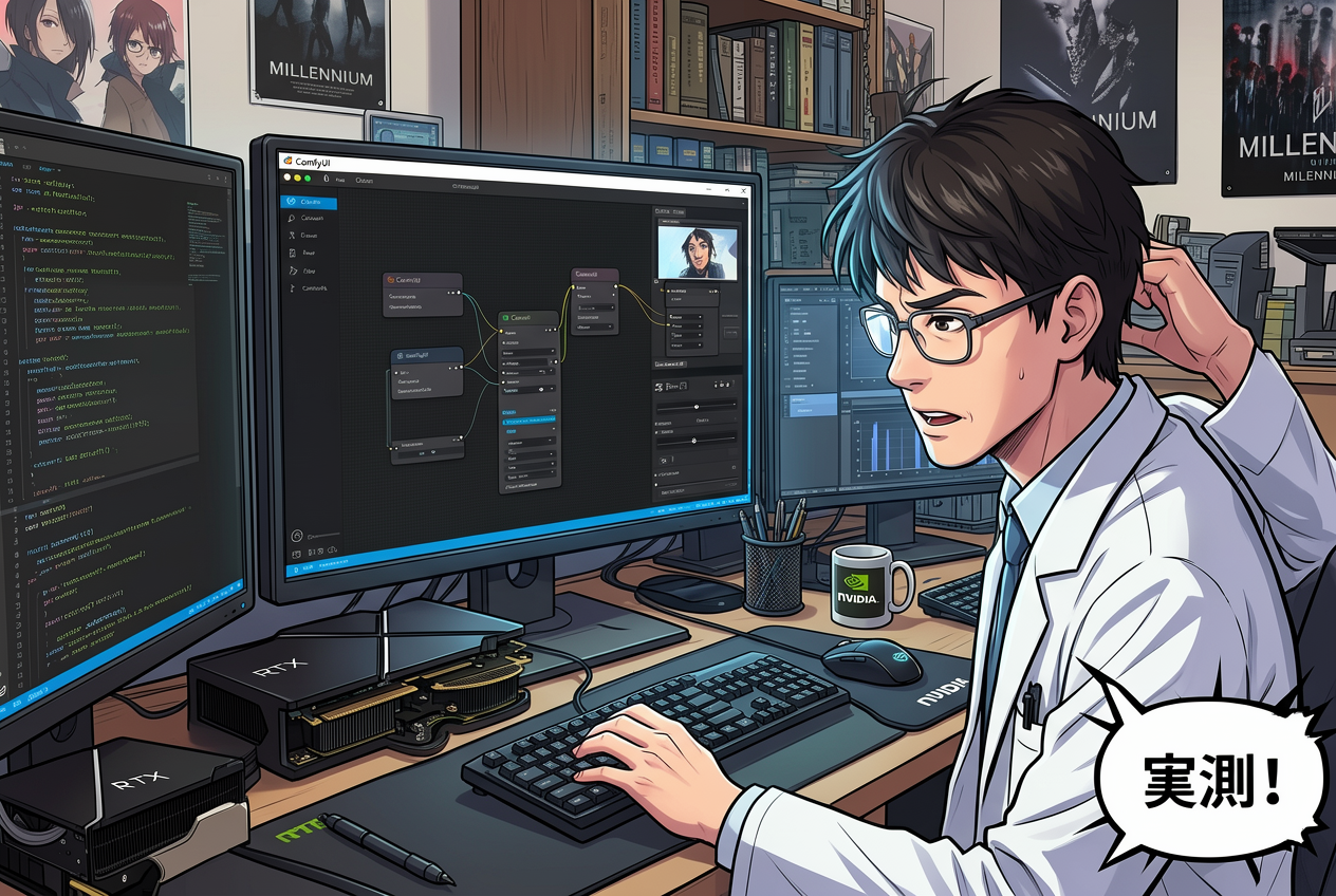 ERNIE-Image Full で同一プロンプト・同一 seed=42 で生成したマンガ調画像。吹き出しの「実測！」は同じく完璧、右腕は 2 本のみで机の遠近も整合している