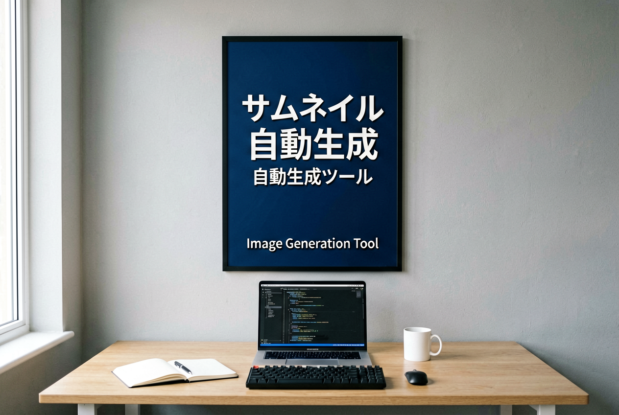 ERNIE-Image-Turbo で生成した日本語タイトル入りワークスペース。壁のポスターに「サムネイル / 自動生成 / 自動生成ツール」の 3 層が乗り、英字サブコピーも並ぶ