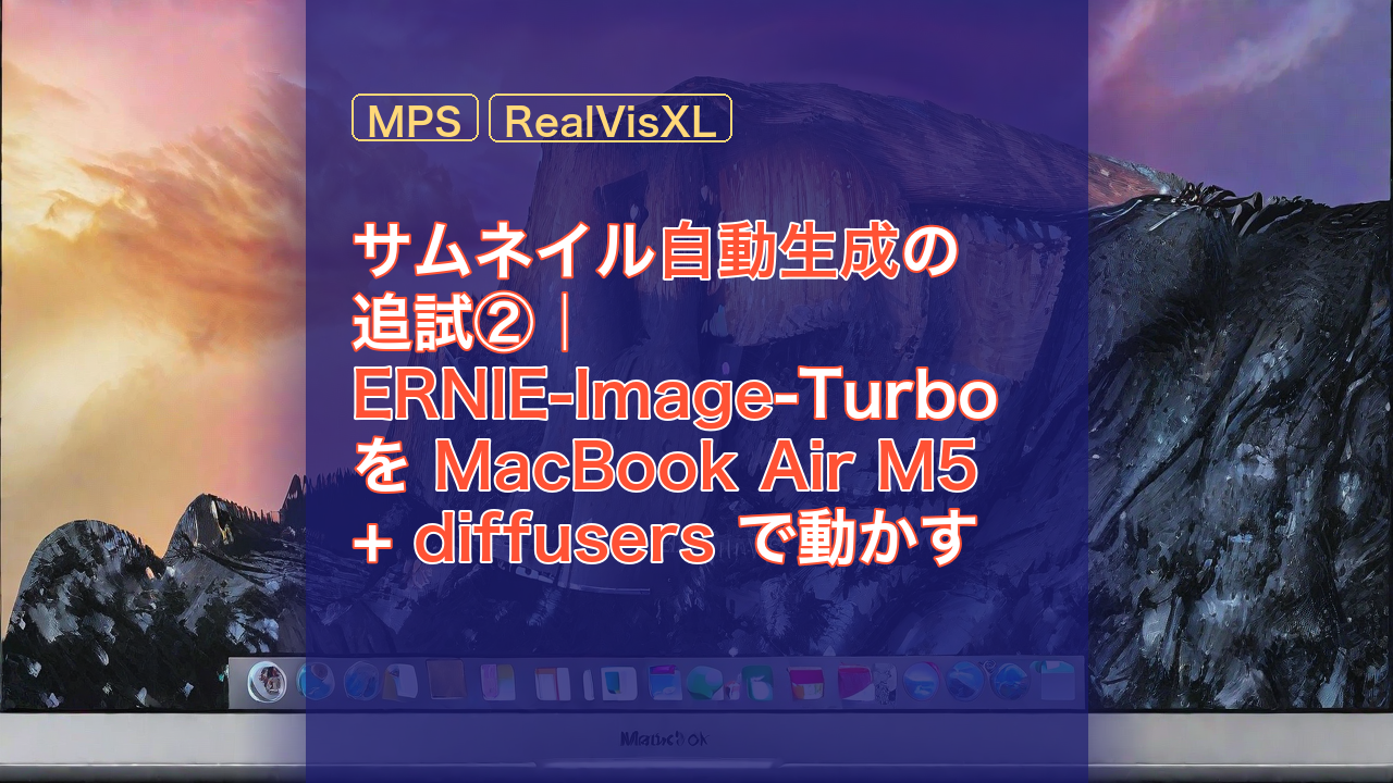 サムネイル自動生成の追試②｜ERNIE-Image-Turbo を MacBook Air M5 + diffusers で動かす — ERNIE-Image, MacBook Air M5, diffusers