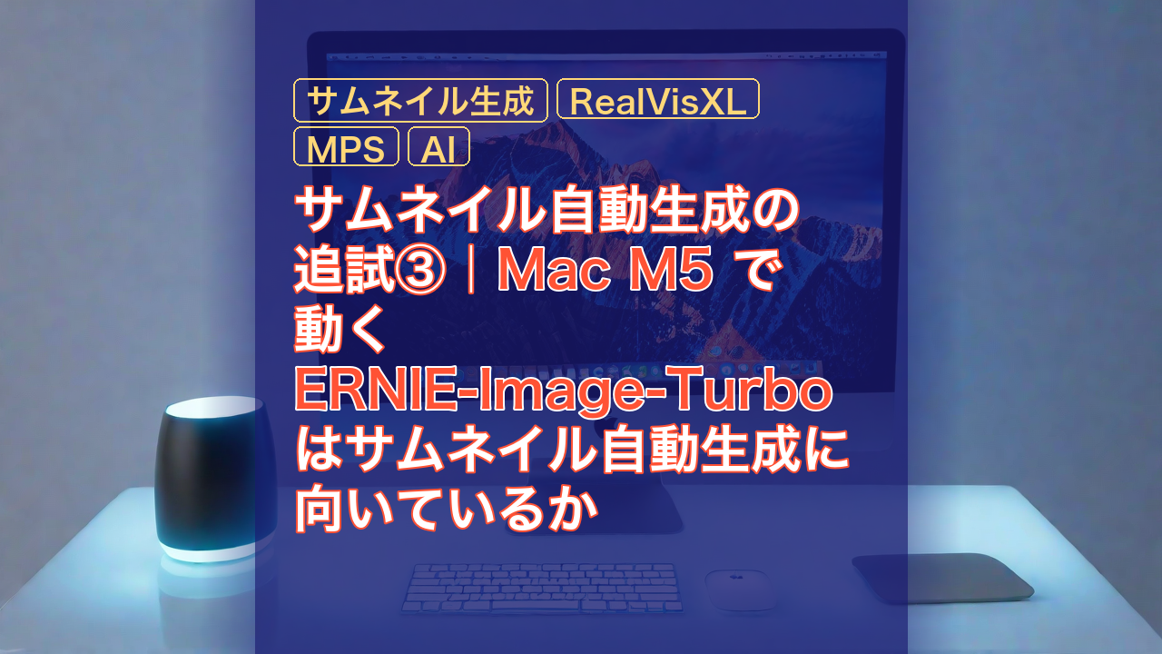 サムネイル自動生成の追試③｜Mac M5 で動く ERNIE-Image-Turbo はサムネイル自動生成に向いているか — ERNIE-Image-Turbo, Mac M5, サムネイル生成
