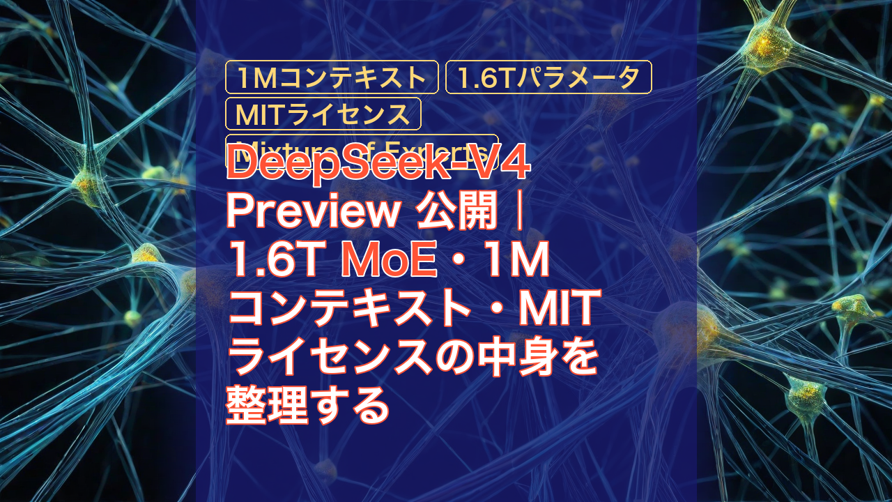 DeepSeek-V4 Preview 公開｜1.6T MoE・1M コンテキスト・MIT ライセンスの中身を整理する — DeepSeek-V4, MoE, 1Mコンテキスト