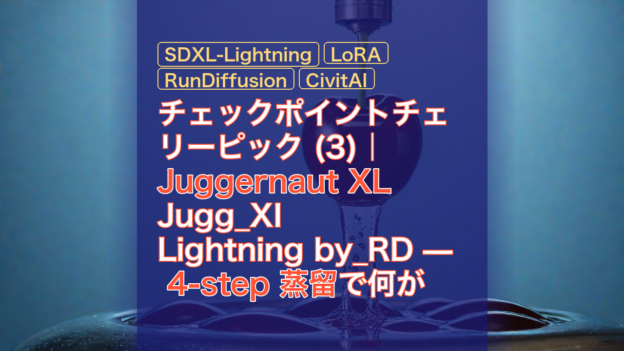 チェックポイントチェリーピック (3)｜Juggernaut XL Jugg_XI Lightning by_RD — 4-step 蒸留で何が残るか — Juggernaut XL, SDXL-Lightning, 4-step 蒸留