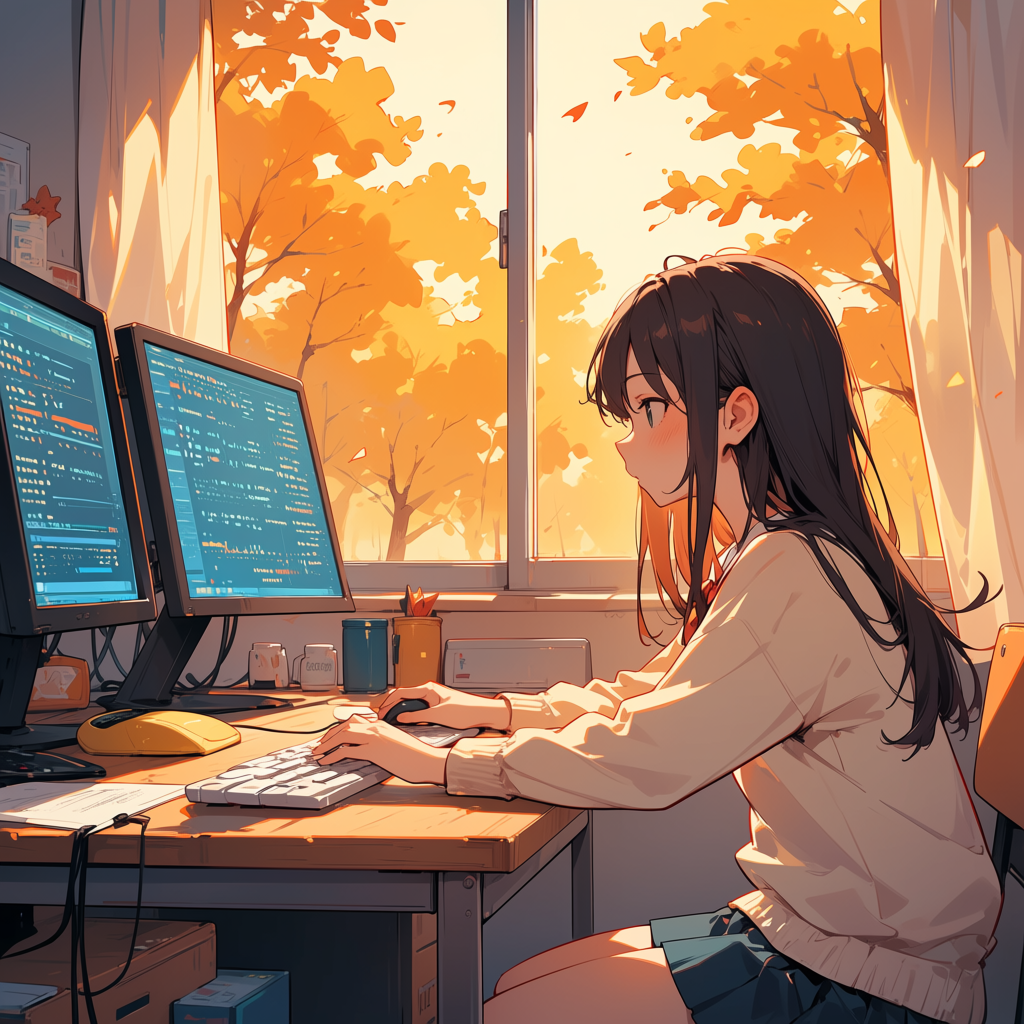 アニメ系 er_sde の主作例 — 秋窓辺でモニタ 2 台前にてコーディングする少女