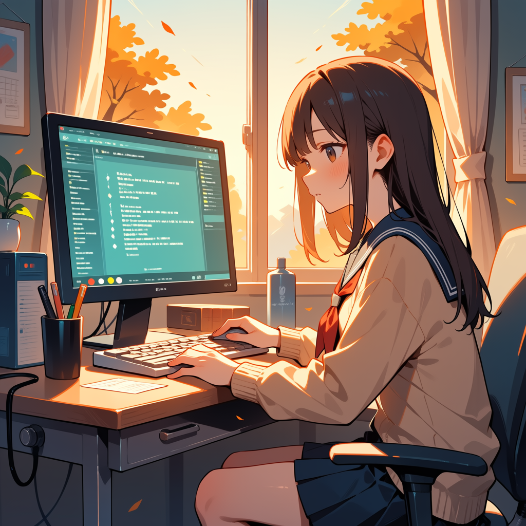 Turbo / アニメ系 er_sde 8 step — 主作例。セーラー服の少女がデスクでモニタに向かう