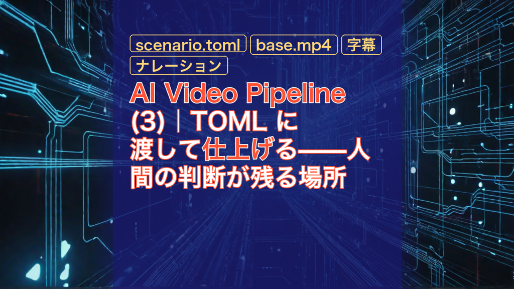 AI Video Pipeline(3)｜TOML に渡して仕上げる——人間の判断が残る場所 — AI Video Pipeline, scenario.toml, base.mp4