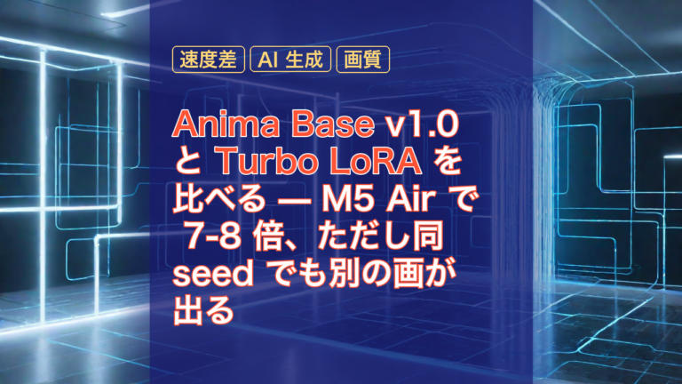 Anima Base v1.0 と Turbo LoRA を比べる — M5 Air で 7-8 倍、ただし同 seed でも別の画が出る — Anima Base, Turbo LoRA, 速度差