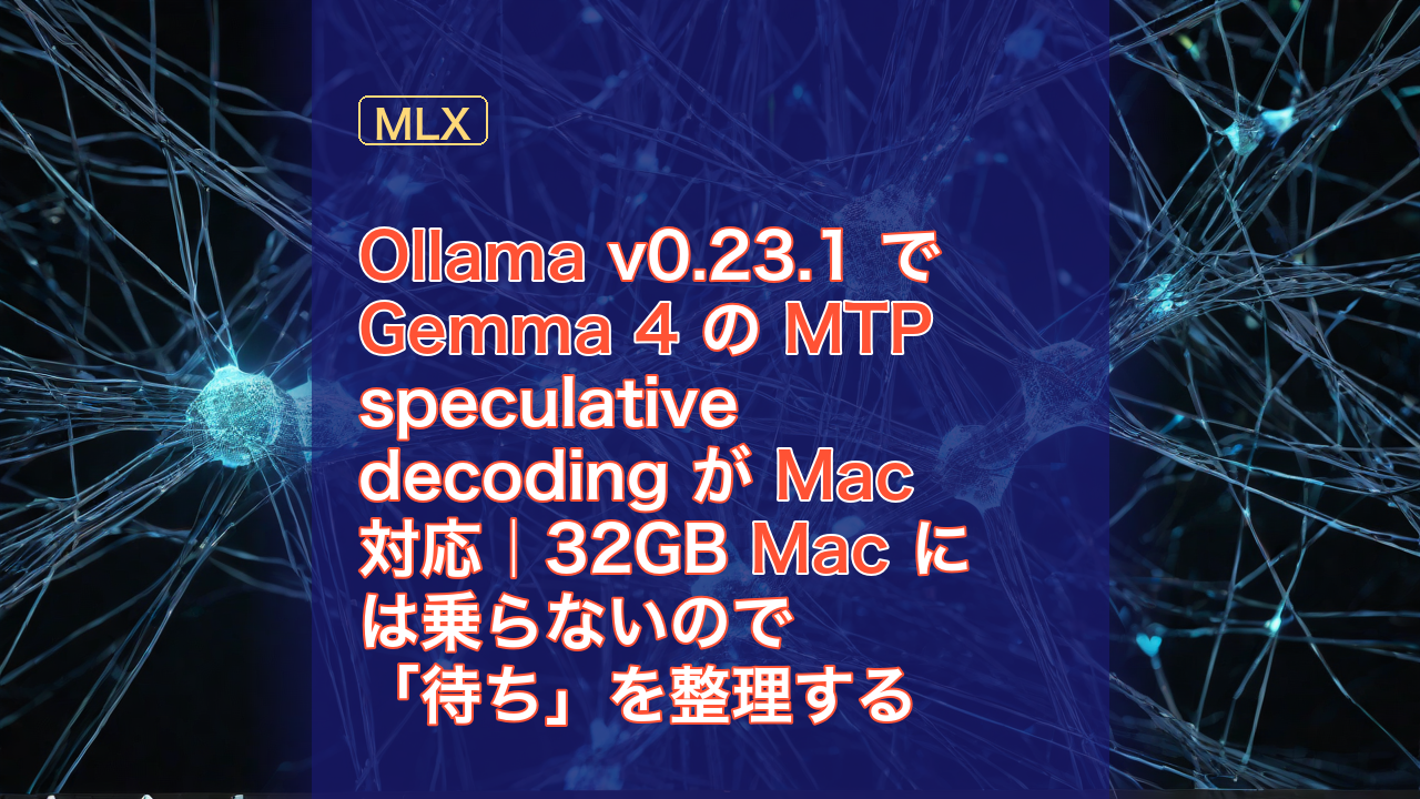 Ollama v0.23.1 で Gemma 4 の MTP speculative decoding が Mac 対応｜32GB Mac には乗らないので「待ち」を整理する — Ollama, Gemma 4, MTP