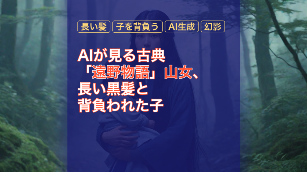 AIが見る古典「遠野物語」山女、長い黒髪と背負われた子 — 山女, 長い髪, 子を背負う