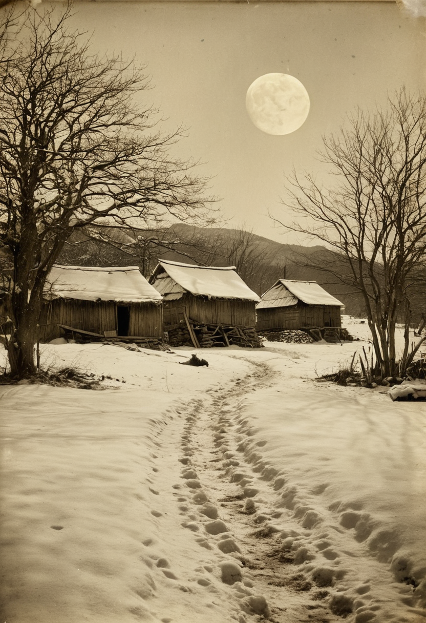 雪に埋もれた村の月夜 (Juggernaut-XL_v9 生成)