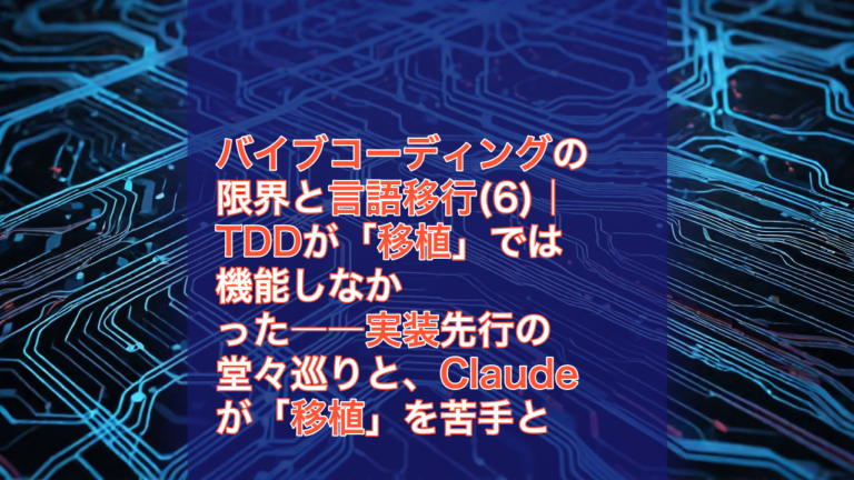 バイブコーディングの限界と言語移行(6)｜TDDが「移植」では機能しなかった――実装先行の堂々巡りと、Claudeが「移植」を苦手とする構造 — バイブコーディング, TDD, 言語移行