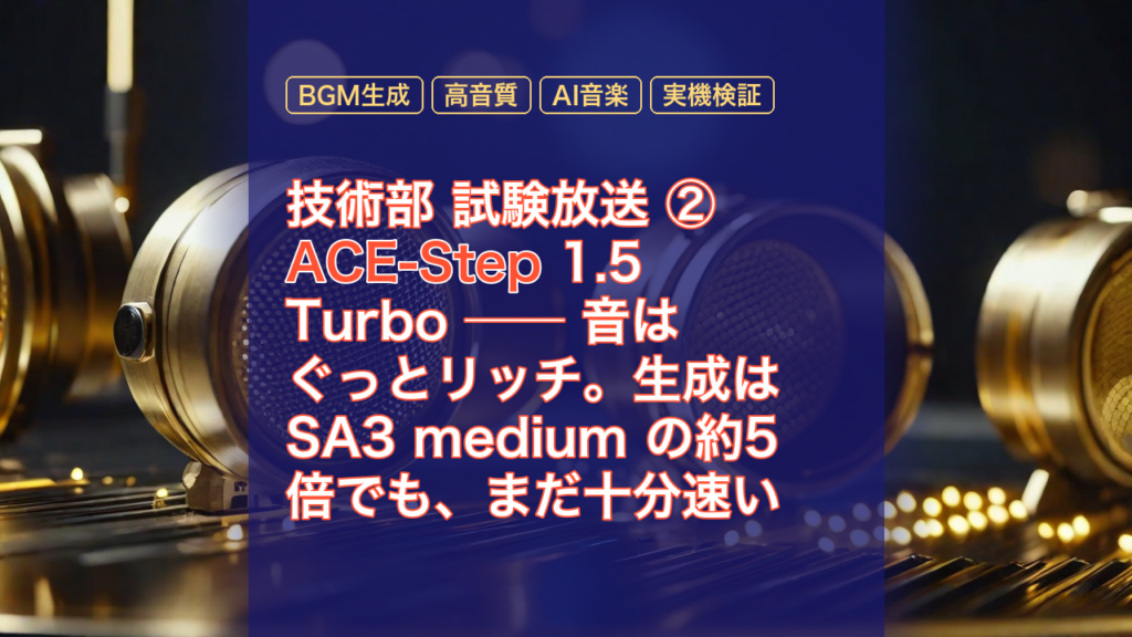 技術部 試験放送 ② ACE-Step 1.5 Turbo ── 音はぐっとリッチ。生成は SA3 medium の約5倍でも、まだ十分速い — ACE-Step, BGM生成, 高音質