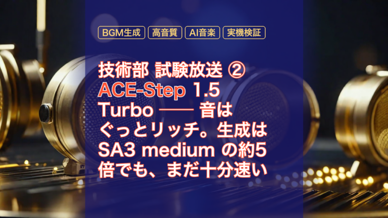 技術部 試験放送 ② ACE-Step 1.5 Turbo ── 音はぐっとリッチ。生成は SA3 medium の約5倍でも、まだ十分速い — ACE-Step, BGM生成, 高音質