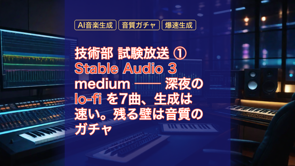 技術部 試験放送 ① Stable Audio 3 medium ── 深夜の lo-fi を7曲、生成は速い。残る壁は音質のガチャ — Stable Audio 3, AI音楽生成, lo-fi