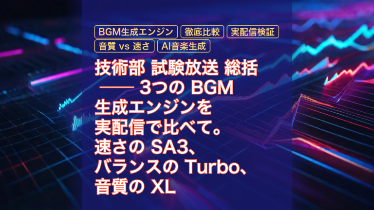 技術部 試験放送 総括 ── 3つの BGM 生成エンジンを実配信で比べて。速さの SA3、バランスの Turbo、音質の XL — BGM生成エンジン, 徹底比較, 実配信検証