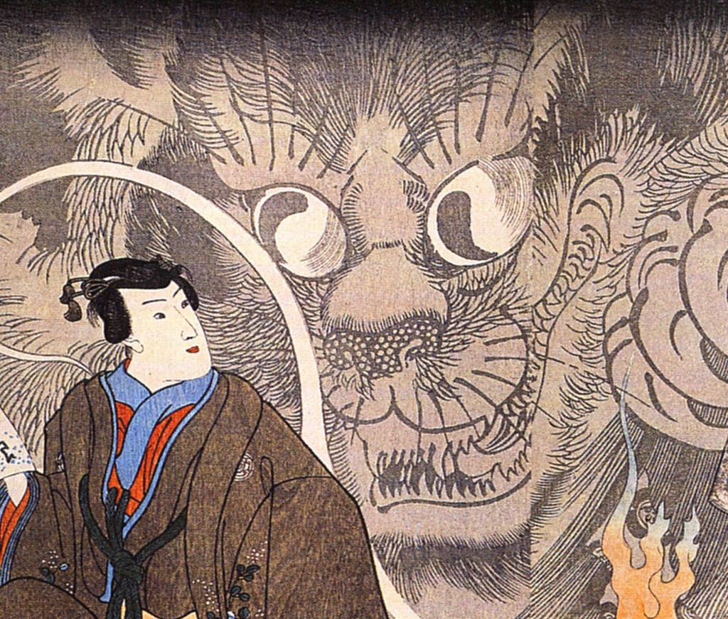 国芳の三幅対より、毛と煙の中に浮かぶ巨大な猫の顔(部分・カラー木版・パブリックドメイン)