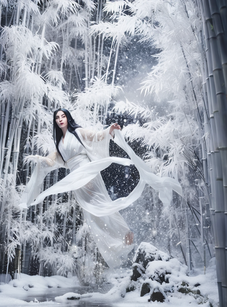 木版の雪女を img2img で写実化したもの(denoise 0.55)。構図を保ったまま、作風だけが写実に移った