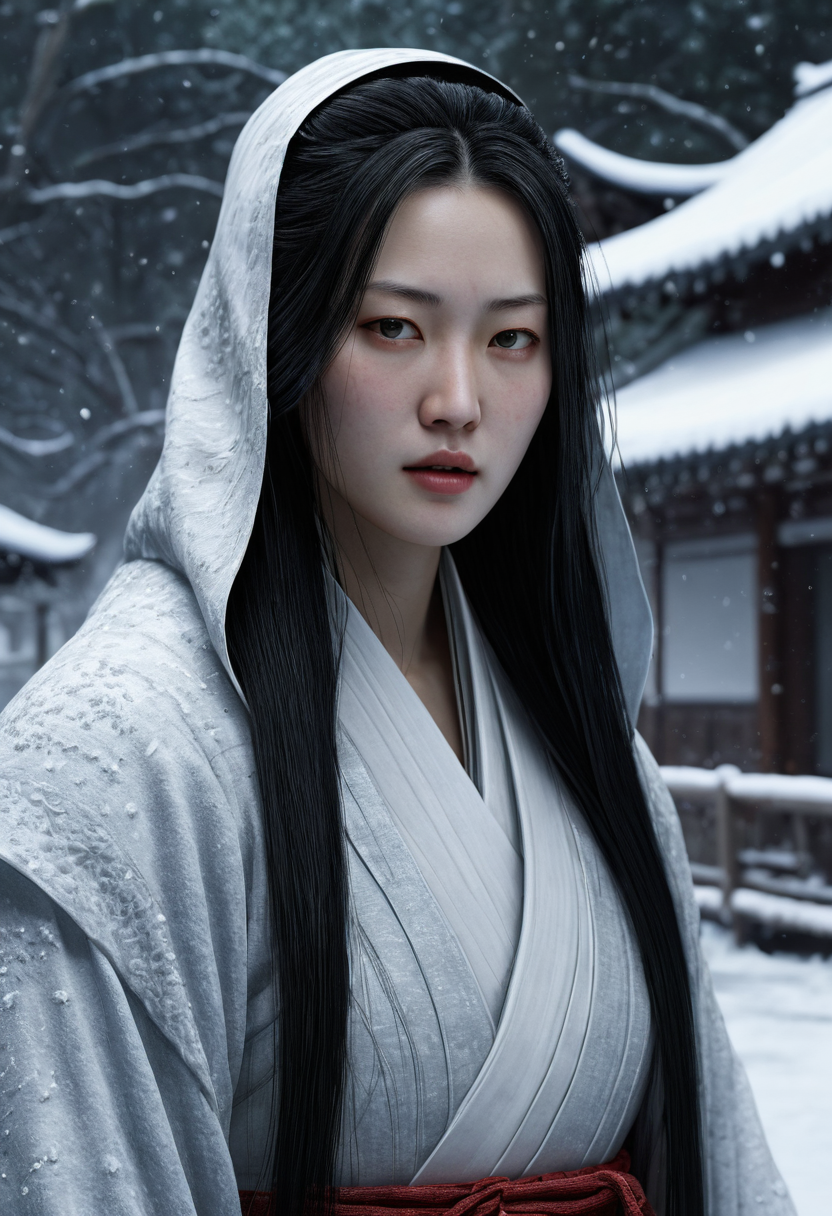 LoRA なし(素の RealVisXL)。「yuki-onna」と打っても、雪の中の女性の顔アップ肖像にとどまる