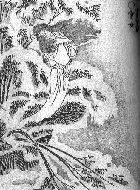 鳥山石燕の雪女(木版・パブリックドメイン)。輪郭をなぞる平板な線で、図鑑のように姿を書き留める手つき