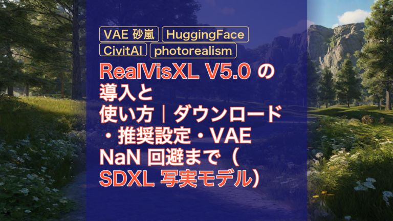 RealVisXL V5.0 の導入と使い方｜ダウンロード・推奨設定・VAE NaN 回避まで（SDXL 写実モデル） — RealVisXL V5.0, SDXL 写実モデル, VAE 砂嵐