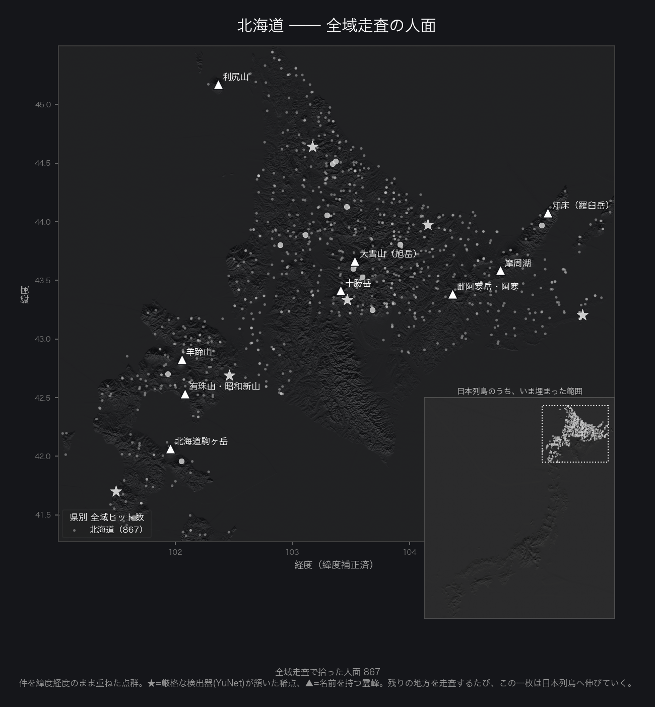 867点が描く北海道の島の形 ── 日本人面地形の北の断片