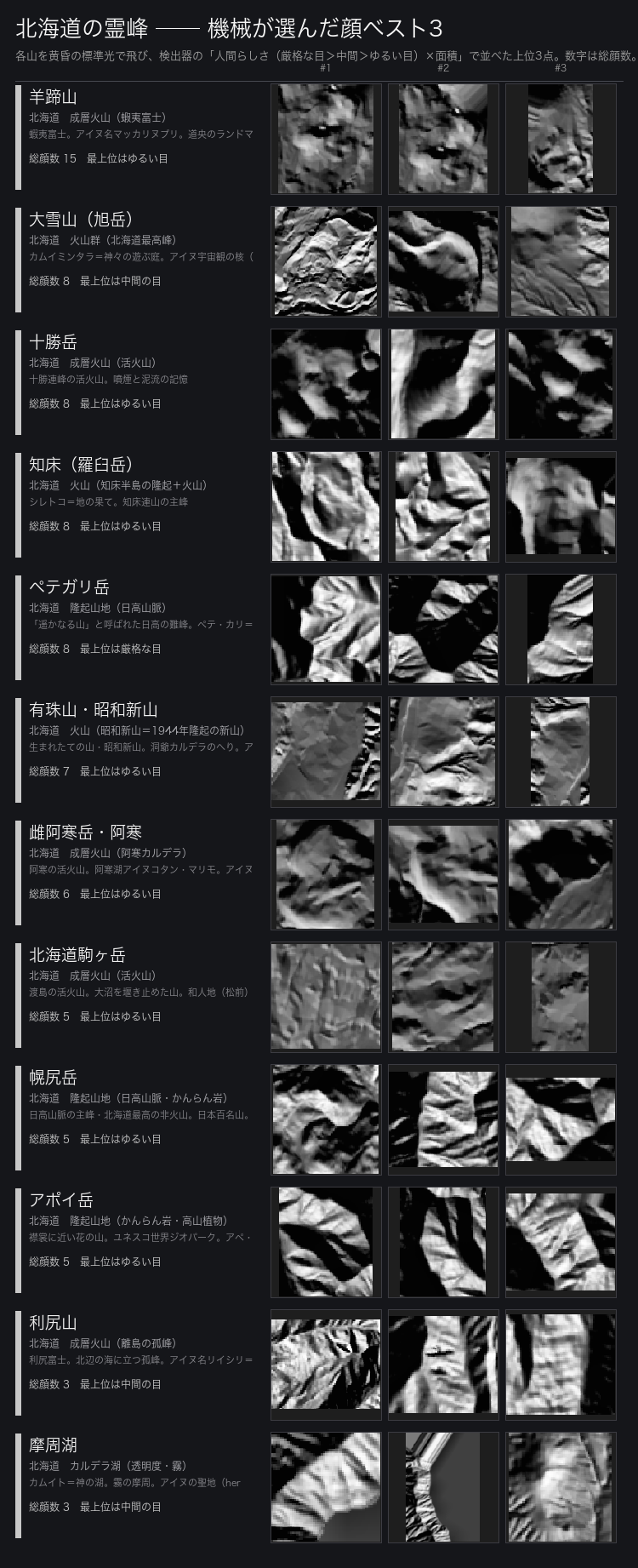 機械が選んだ北海道12霊峰の顔ベスト3。各山を黄昏の標準光で飛び、検出器の人間らしさ×面積で並べた上位3点を積んだ