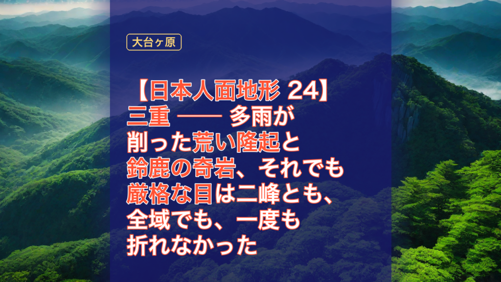【日本人面地形 24】三重 ── 多雨が削った荒い隆起と鈴鹿の奇岩、それでも厳格な目は二峰とも、全域でも、一度も折れなかった — 三重, 日本人面地形, 鈴鹿の奇岩