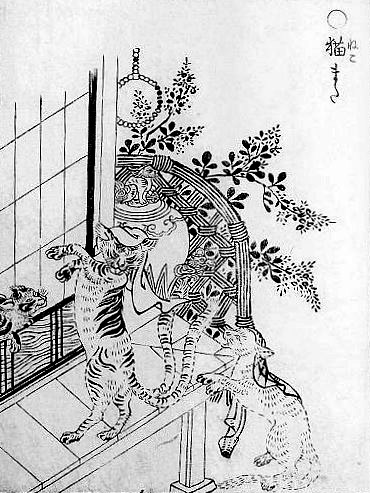 原画:石燕『画図百鬼夜行』の猫又(木版・パブリックドメイン)。後脚で立つ2匹の猫、奥の1匹は尾が二股に裂けている