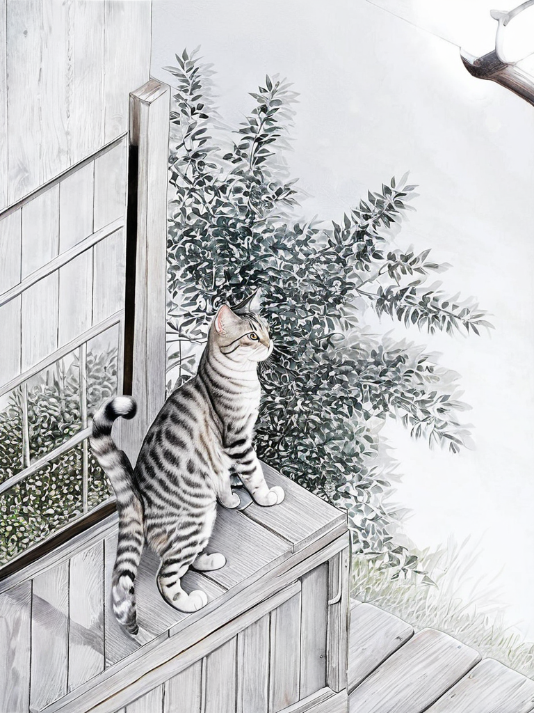 写実版:img2img で写実化(denoise 0.60)。直立も二股の尾も消え、縁側に座る普通の猫に均された