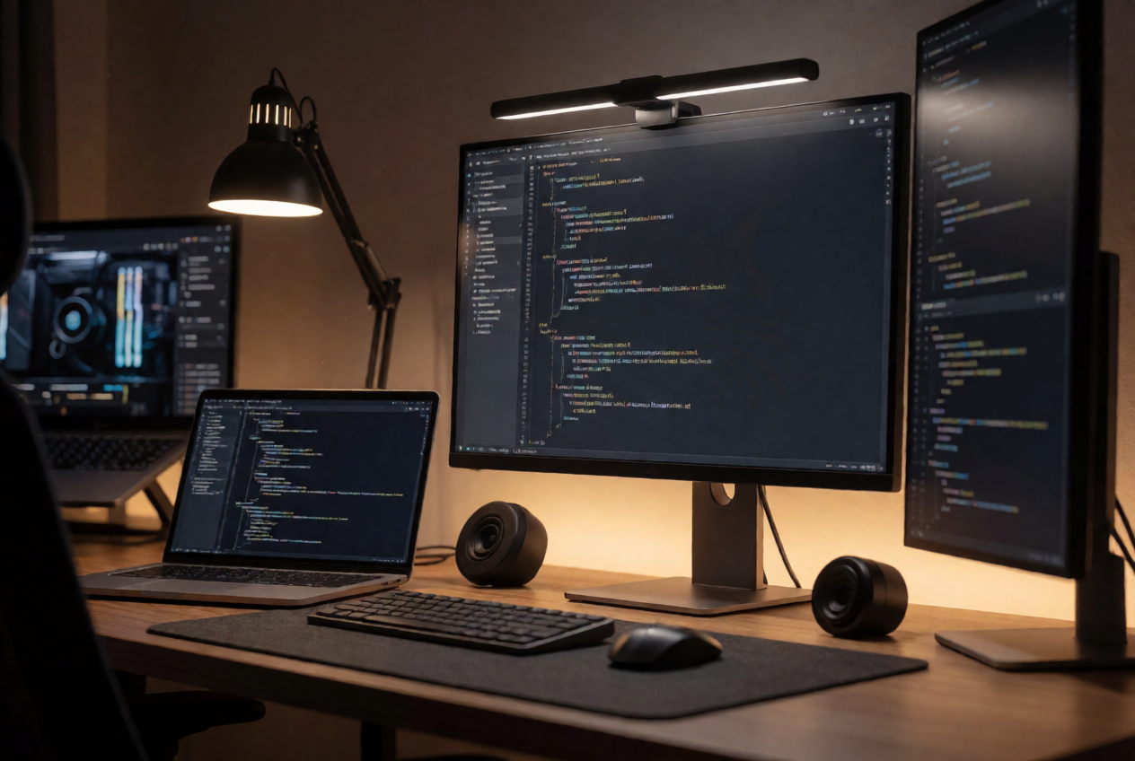01 workspace_en。英語プロンプトの写実。3 モニタ・デスクランプ・ペン立て・窓外の木立まで破綻なく描き分けている