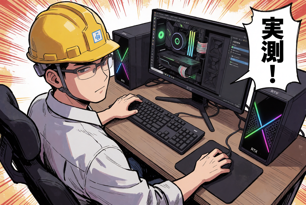 04 comic_panel。マンガ調のコマに「実測!」の文字が単一の吹き出しへ正確に収まっている