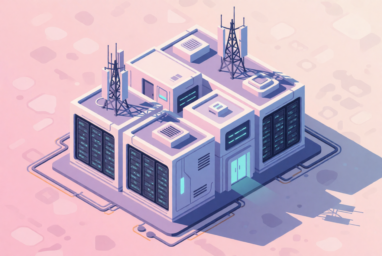 05 iso_cityscape。アイソメトリックのデータセンター。パステル調でアンテナ・サーバーラックのディテールが出ている