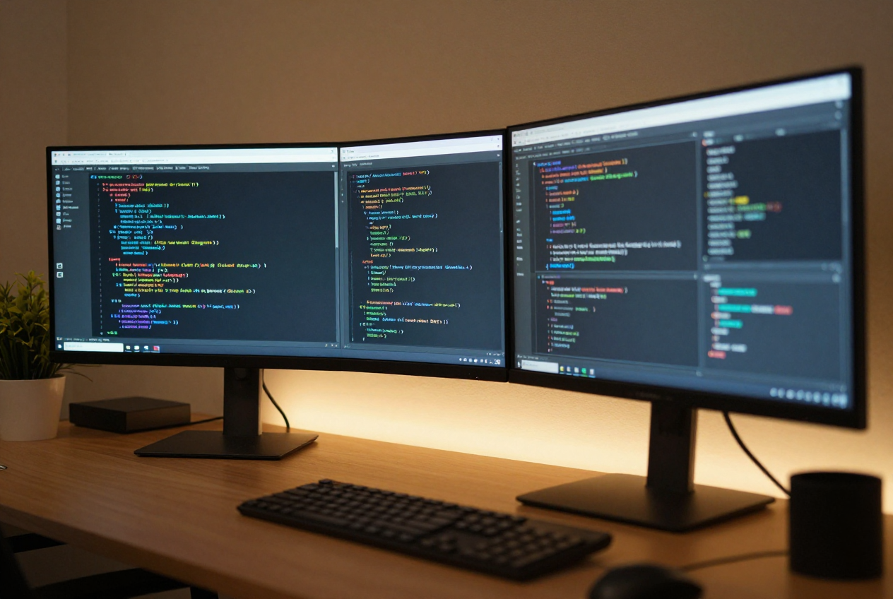 01 workspace_en。英語プロンプトの写実。デスク周りの小物まで質感高く一発で描けている
