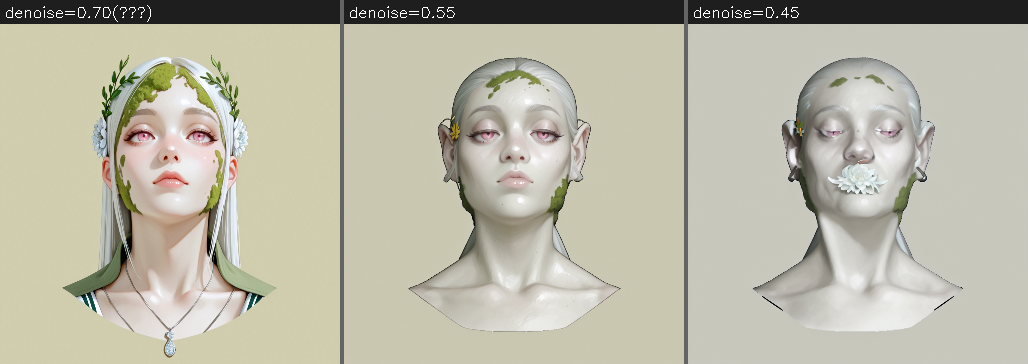denoise を変えたときの向きと描き込みの変化。0.7 は向きが崩れ、0.45 は描き込みが薄い