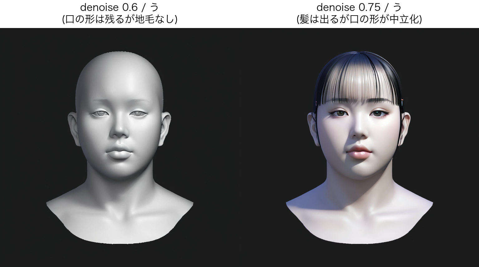 同じ「う」を denoise 0.6 と 0.75 で比較。口の形か、髪かのどちらかしか残らない