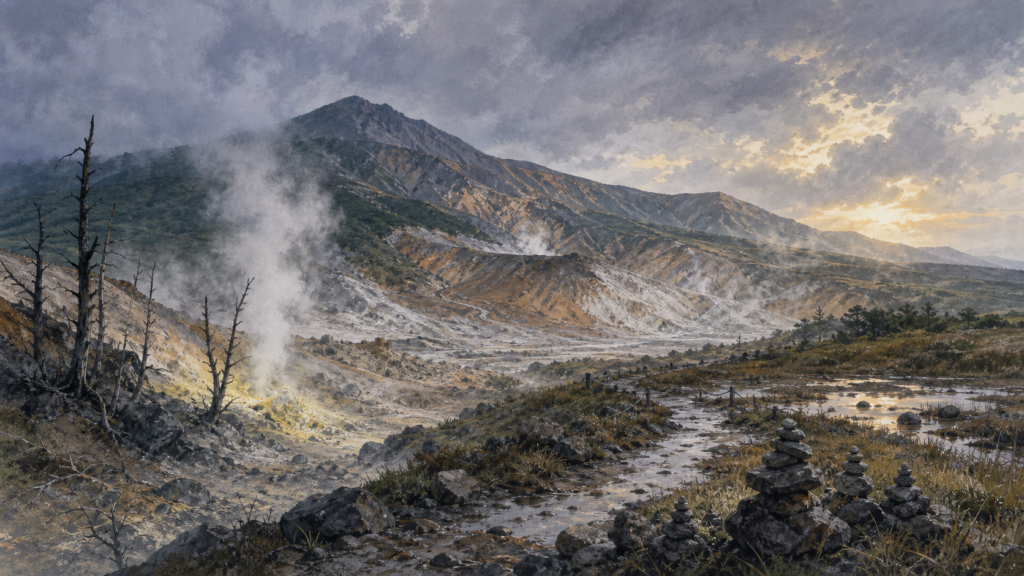 栗駒山の地獄釜・地獄谷・賽の河原を一つの火山景観として描いた挿絵