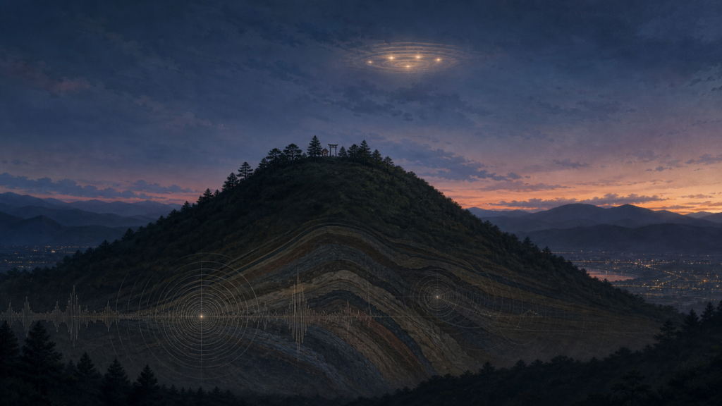 夕暮れの皆神山。地下の地層と地震波、上空の未確認飛行物体の伝説を重ねた挿絵